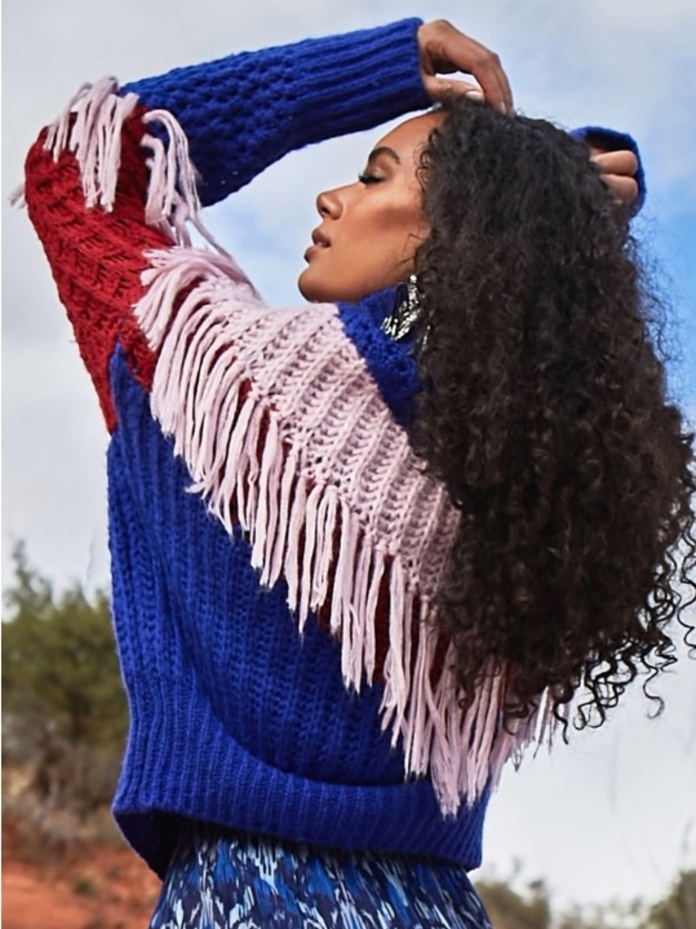 Allison New York Colorblock Fringe Sweater | Cobalt Blush Crimson | Size L NWOT
